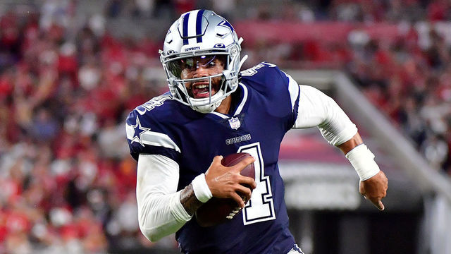 TAMPA, FLORIDA - SEPTEMBER 09: Dak Prescott #4 of the Dallas Cowboys carries the ball during the second quarter against the Tampa Bay Buccaneers at Raymond James Stadium on September 09, 2021 in Tampa, Florida.