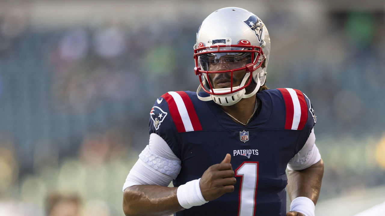 PHILADELPHIA, PA - AUGUST 19: Cam Newton #1 of the New England Patriots looks on against the Philadelphia Eagles in the preseason game at Lincoln Financial Field on August 19, 2021 in Philadelphia, Pennsylvania. The Patriots defeated the Eagles 35-0.
