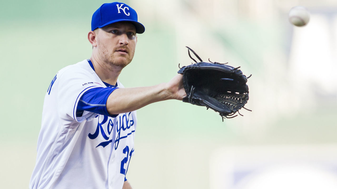 KANSAS CITY, MO - JULY 30: Kansas City Royals relief pitcher Mike Montgomery (21) catches the ball for warmups during the MLB regular season game between the Toronto Blue Jays and the Kansas City Royals on Tuesday July 30, 2019 at Kauffman Stadium in Kansas City, MO.