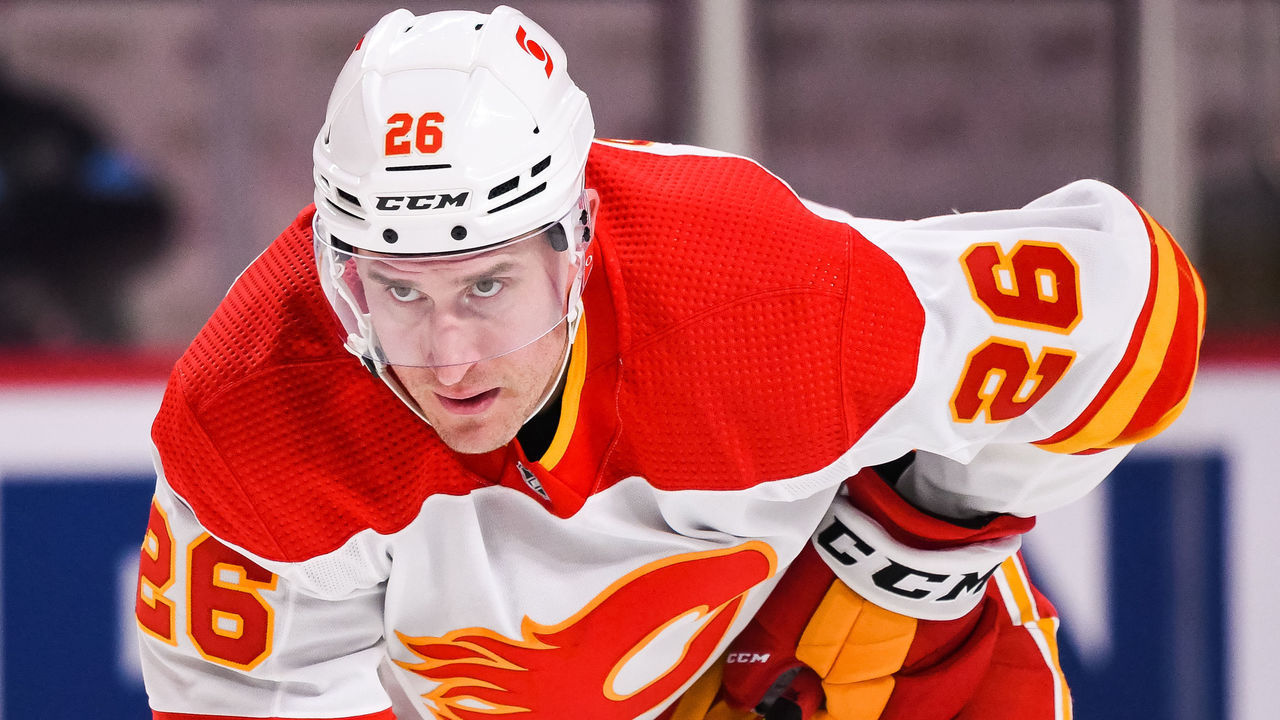 MONTREAL, QC - APRIL 14: Calgary Flames defenceman Michael Stone (26) waits for a face-off during the Calgary Flames versus the Montreal Canadiens game on April 14, 2021, at Bell Centre in Montreal, QC
