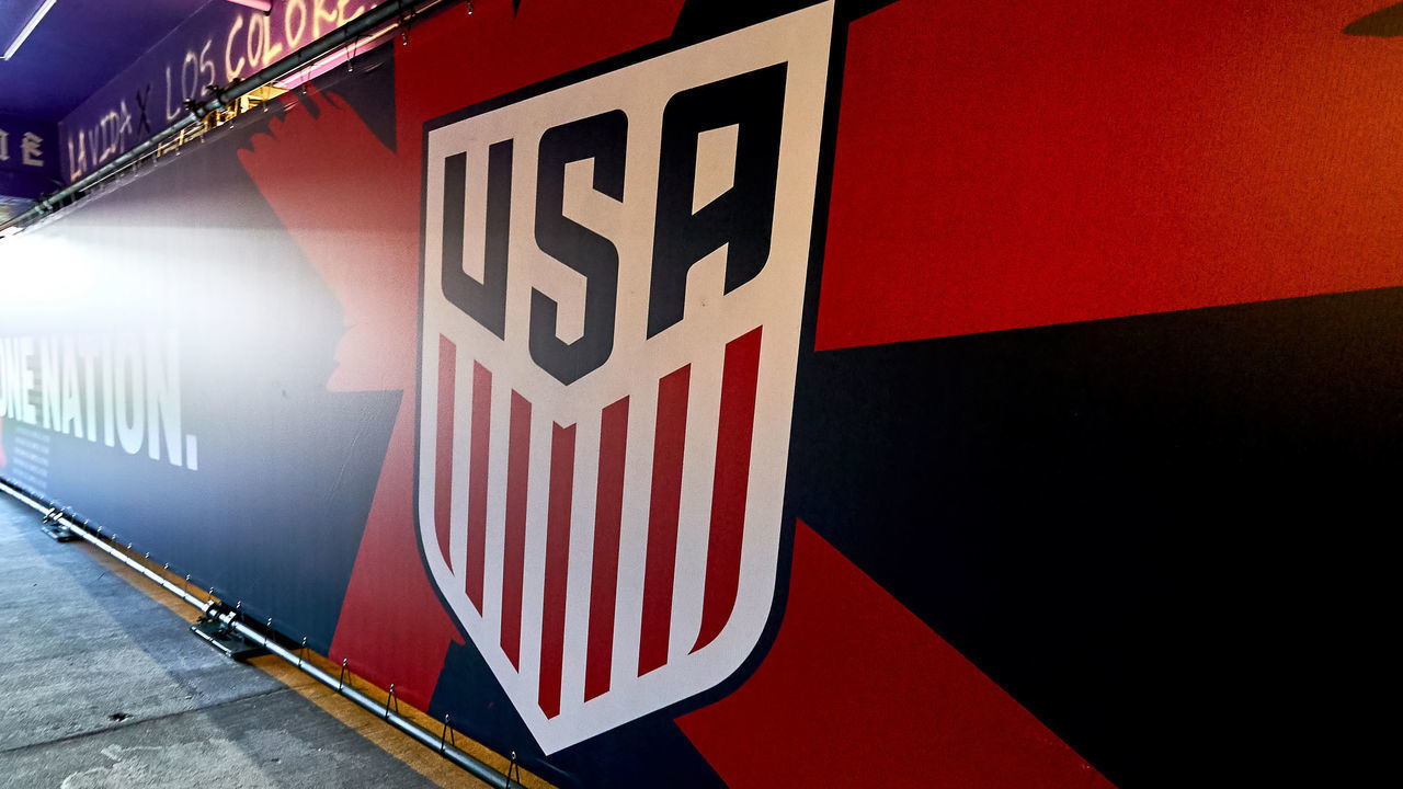 ORLANDO, FL - MARCH 21: A detailed view of the United States Soccer Federation crest logo is seen in the player and team tunnel in game action during an International friendly match between the United States and the Ecuador men's national teams on March 21, 2019 at Orlando City Stadium in Orlando, FL.