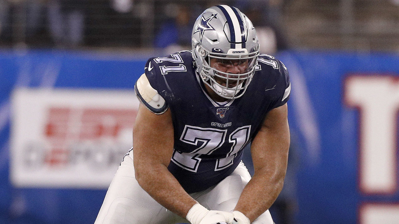 EAST RUTHERFORD, NEW JERSEY - NOVEMBER 04: (NEW YORK DAILIES OUT) La'el Collins #71 of the Dallas Cowboys in action against the New York Giants at MetLife Stadium on November 04, 2019 in East Rutherford, New Jersey. The Cowboys defeated the Giants 37-18.