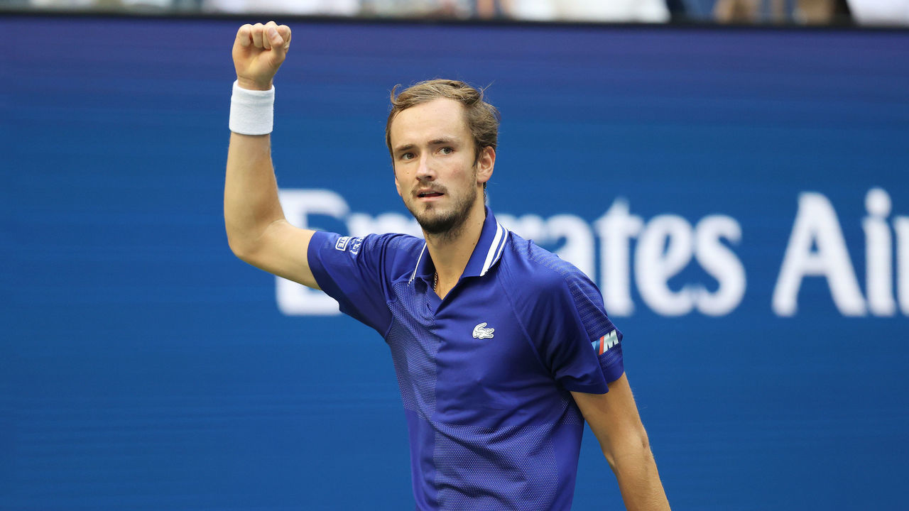 NEW YORK, NEW YORK - SEPTEMBER 10: Daniil Medvedev of Russia reacts in the second set against Felix Auger-Aliassime of Canada during their Men’s Single semifinal match on Day Twelve of the 2021 US Open at the USTA Billie Jean King National Tennis Center on September 10, 2021 in the Flushing neighborhood of the Queens borough of New York City.