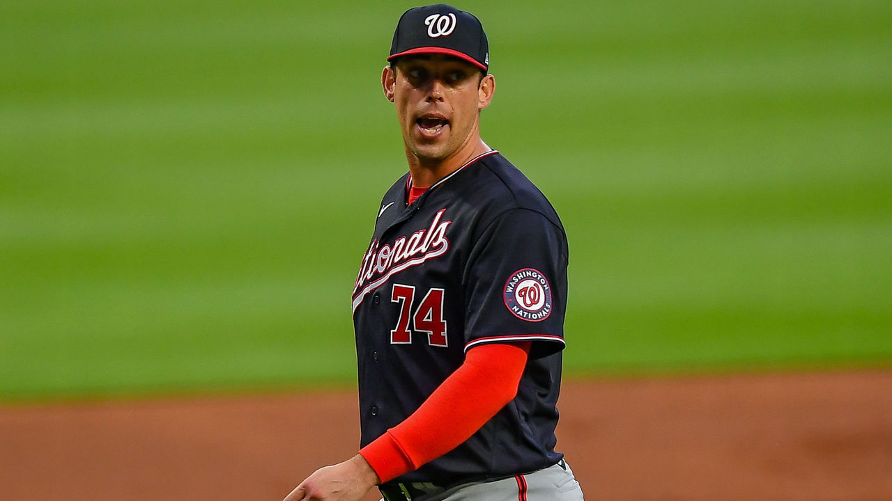ATLANTA, GA SEPTEMBER 08: Washington pitcher Sean Nolin (74) has words for the umpire after being ejected from the game in the first inning during the MLB game between the Washington Nationals and the Atlanta Braves on September 8th, 2021 at Truist Park in Atlanta, GA.