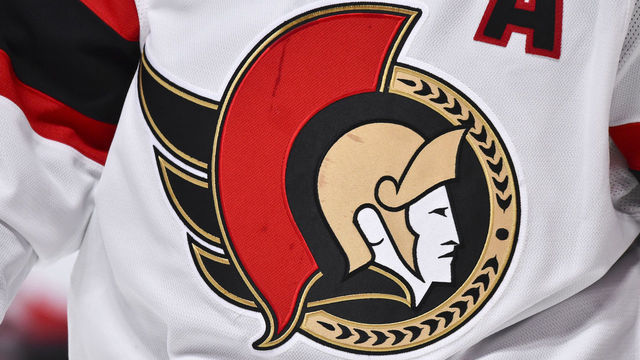 MONTREAL, QC - MARCH 02: A close-up detail of the Ottawa Senators logo seen during the second period against the Montreal Canadiens at the Bell Centre on March 2, 2021 in Montreal, Canada. The Montreal Canadiens defeated the Ottawa Senators 3-1.