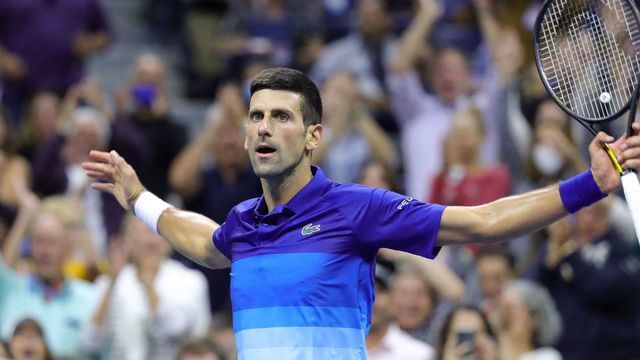 Serbia's Novak Djokovic celebrates winning a set against Germany's Alexander Zverev during their 2021 US Open Tennis tournament men's semifinal match at the USTA Billie Jean King National Tennis Center in New York, on September 10, 2021.