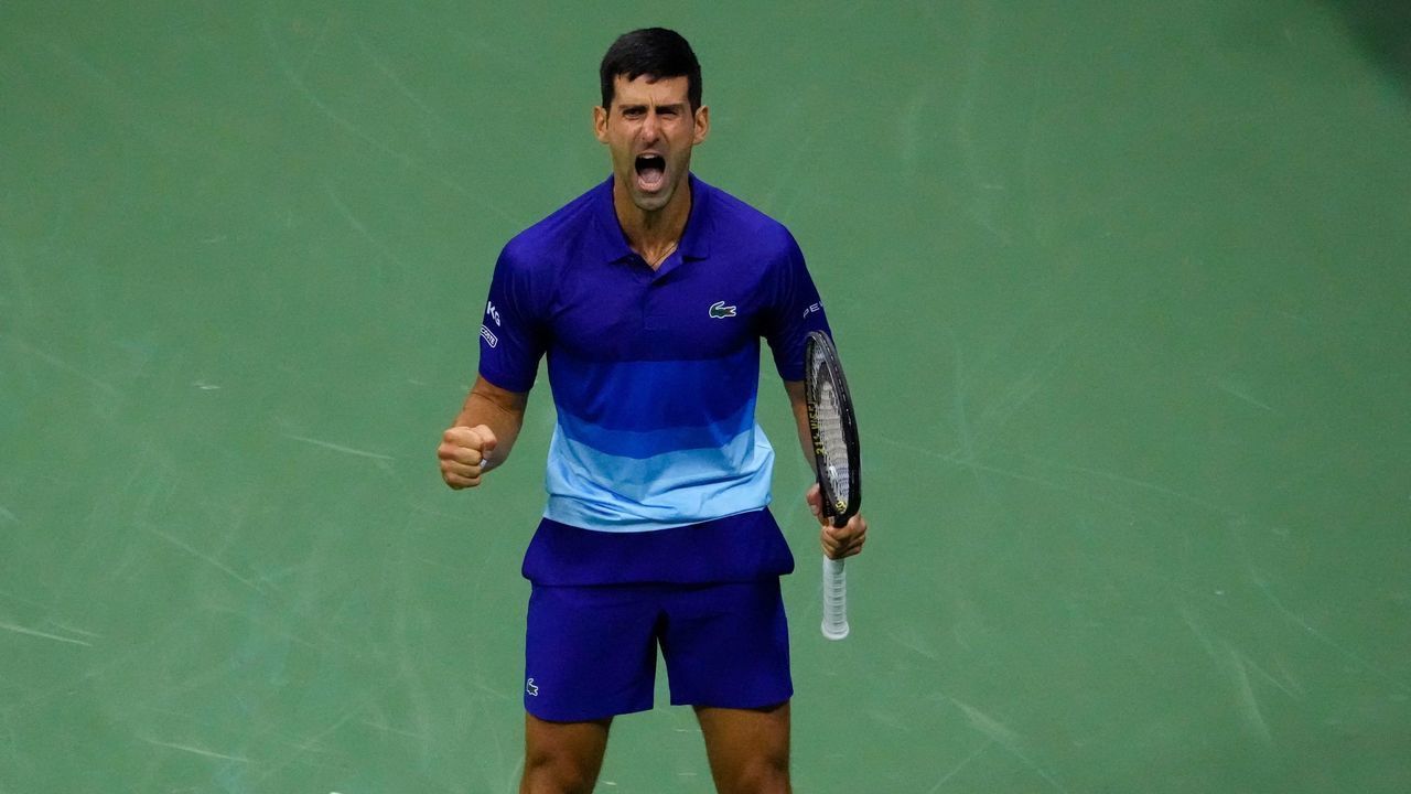 Serbia's Novak Djokovic celebrates after winning his 2021 US Open Tennis tournament men's semifinal match against Germany's Alexander Zverev at the USTA Billie Jean King National Tennis Center in New York, on September 10, 2021.