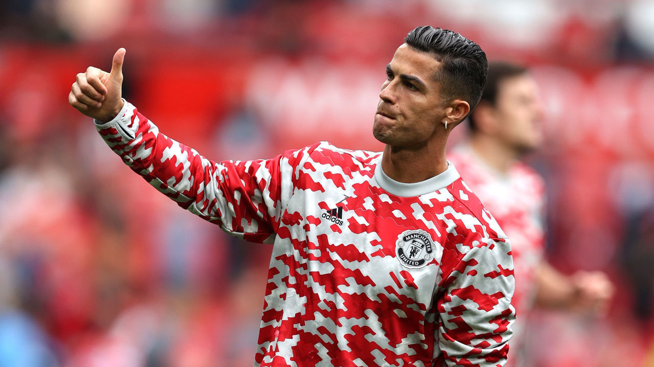 MANCHESTER, ENGLAND - SEPTEMBER 11: Cristiano Ronaldo of Manchester United acknowledges the fans prior to the Premier League match between Manchester United and Newcastle United at Old Trafford on September 11, 2021 in Manchester, England.