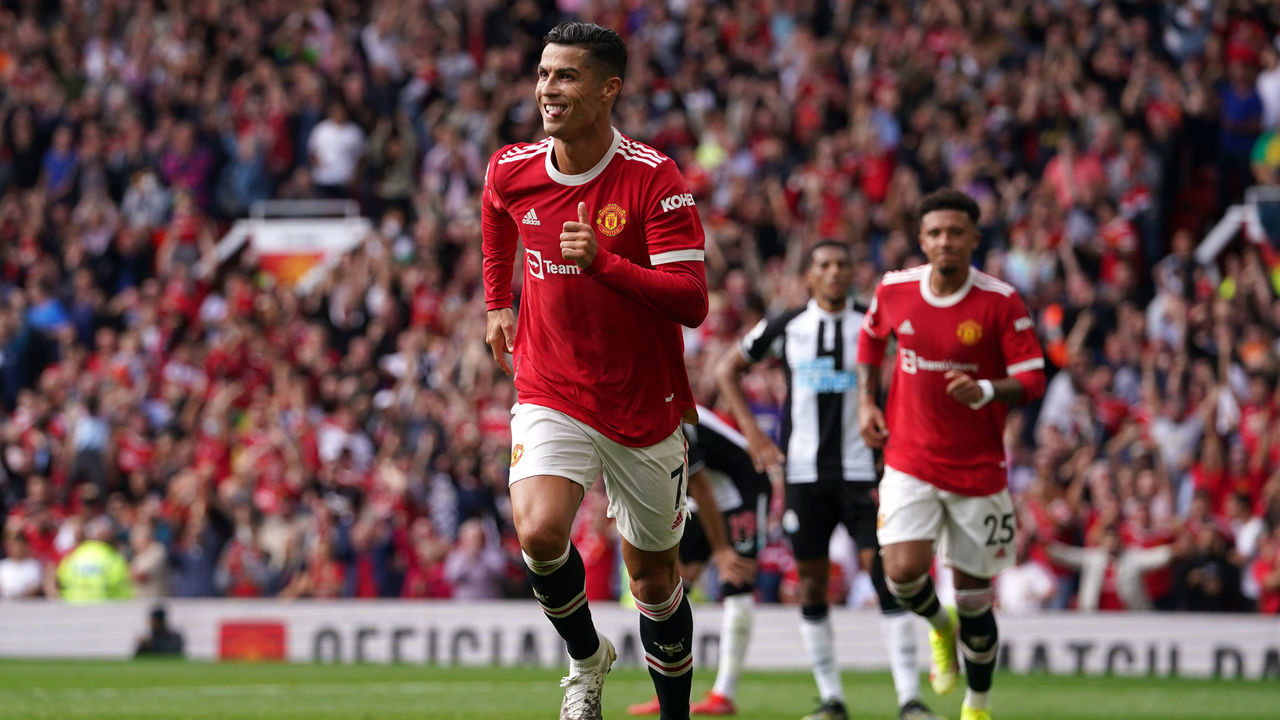 Manchester United's Cristiano Ronaldo celebrates scoring their side's first goal of the game during the Premier League match at Old Trafford, Manchester. Picture date: Saturday September 11, 2021.