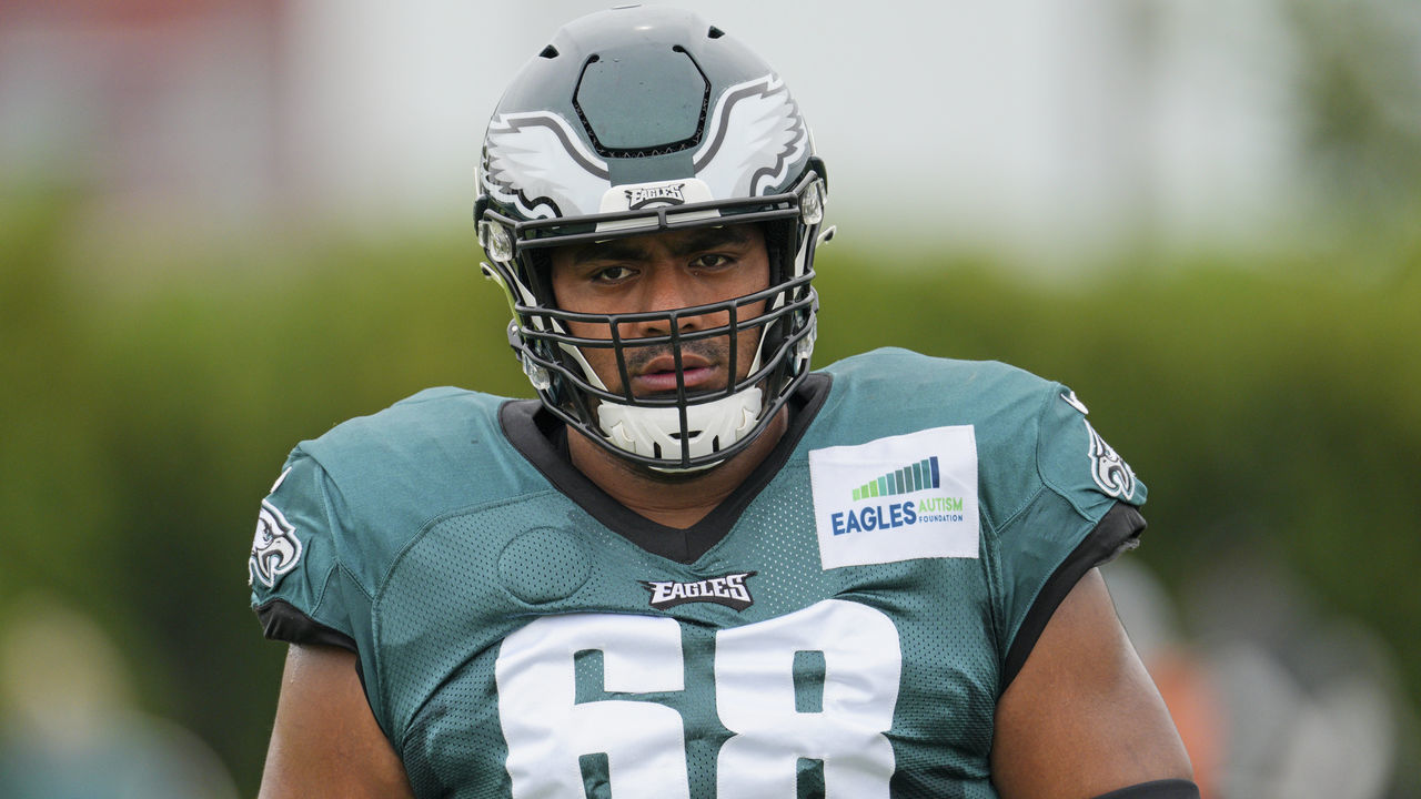 PHILADELPHIA, PA - AUGUST 03: Philadelphia Eagles offensive tackle Jordan Mailata (68) looks on during the Philadelphia Eagles training camp on August 03, 2021 at NovaCare Training Complex in Philadelphia ,PA.