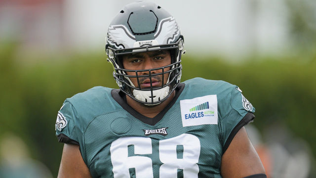 PHILADELPHIA, PA - AUGUST 03: Philadelphia Eagles offensive tackle Jordan Mailata (68) looks on during the Philadelphia Eagles training camp on August 03, 2021 at NovaCare Training Complex in Philadelphia ,PA.