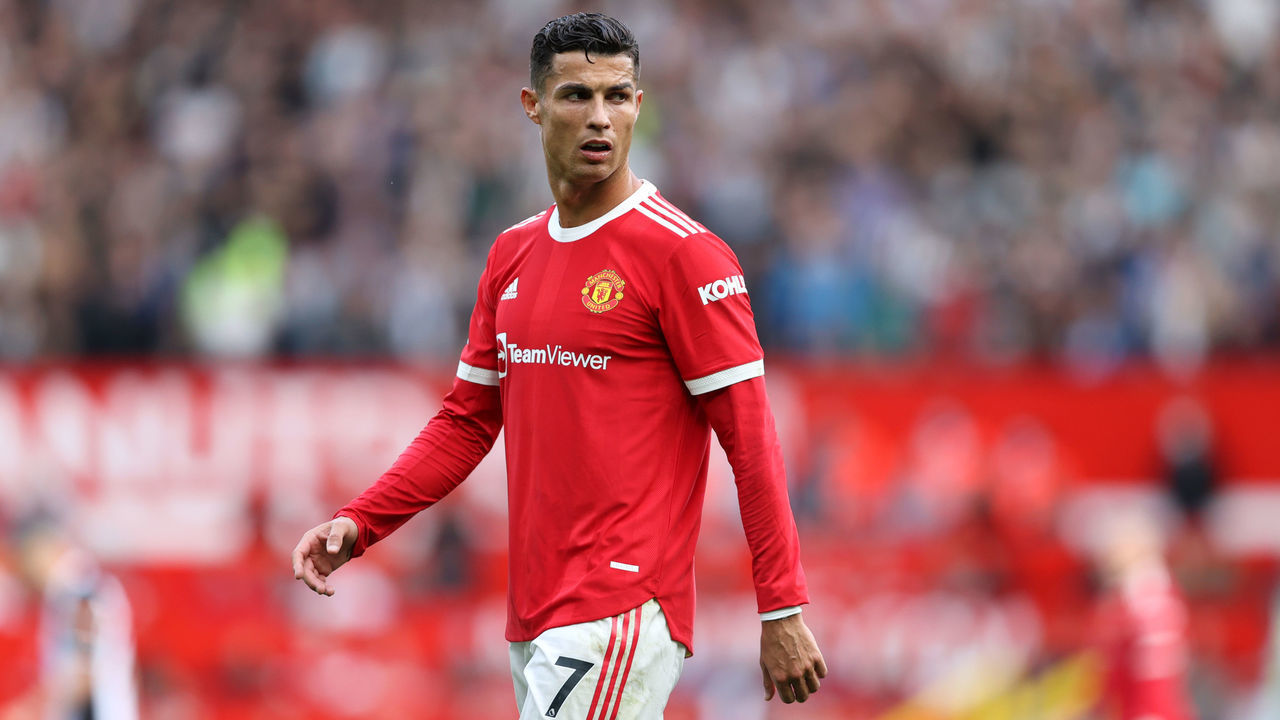 MANCHESTER, ENGLAND - SEPTEMBER 11: Cristiano Ronaldo of Manchester United looks on during the Premier League match between Manchester United and Newcastle United at Old Trafford on September 11, 2021 in Manchester, England.
