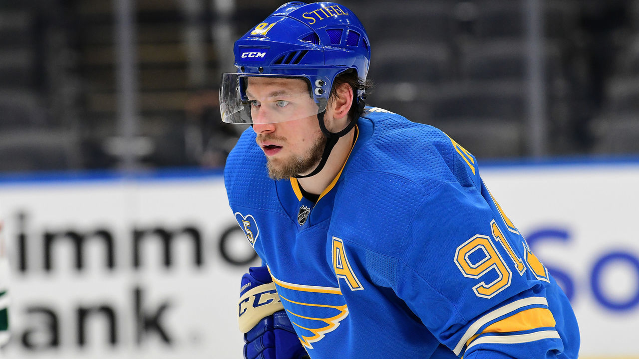 ST. LOUIS, MO - APRIL 10: St. Louis Blues right wing Vladimir Tarasenko (91) during an NHL game between the Minnesota Wild and the St. Louis Blues on April 10, 2021, at Enterprise Center, St. Louis, Mo. ,