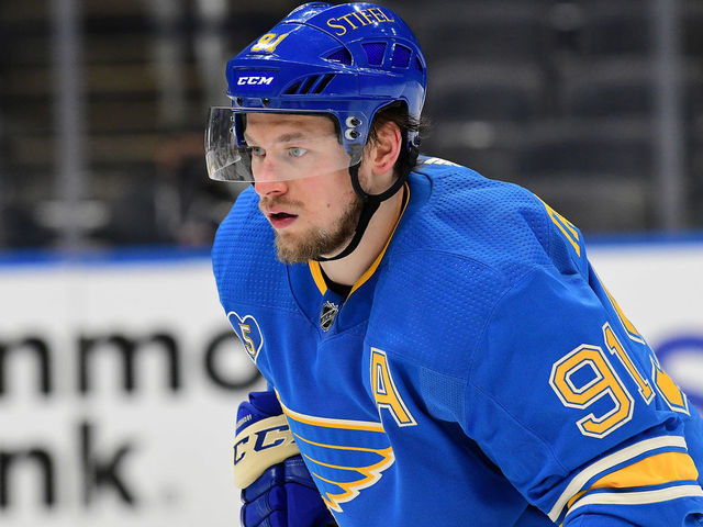 ST. LOUIS, MO - APRIL 10: St. Louis Blues right wing Vladimir Tarasenko (91) during an NHL game between the Minnesota Wild and the St. Louis Blues on April 10, 2021, at Enterprise Center, St. Louis, Mo. ,