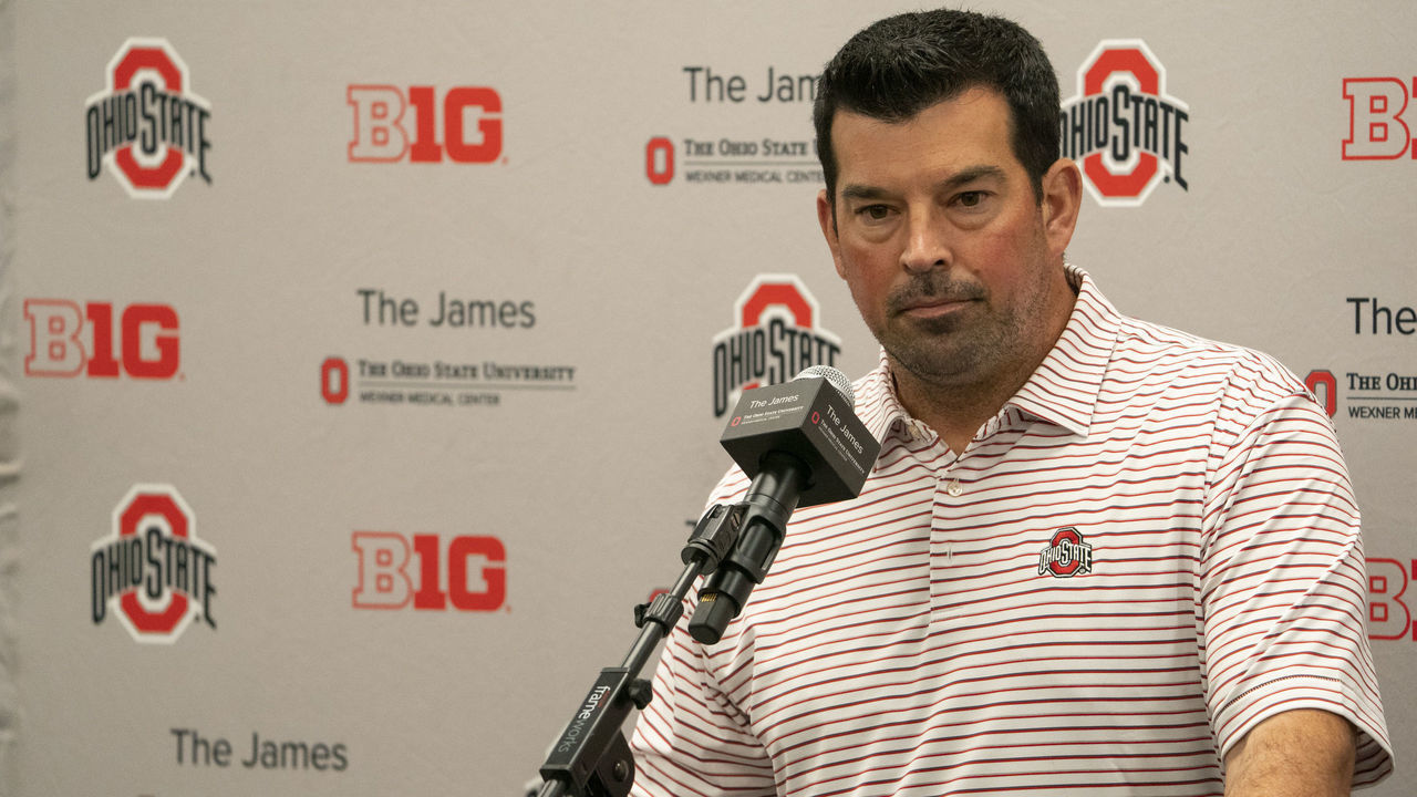 COLUMBUS, OH - SEPTEMBER 07: Ohio State Buckeyes Head Coach Ryan Day address members of the media during a press Conference at the Woody Hayes Athletic Center in Columbus, Ohio on September 7, 2021.