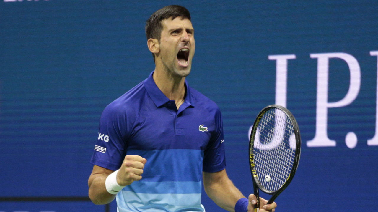 Serbia's Novak Djokovic celebrates during his 2021 US Open Tennis tournament men's semifinal match against Germany's Alexander Zverev at the USTA Billie Jean King National Tennis Center in New York, on September 10, 2021.