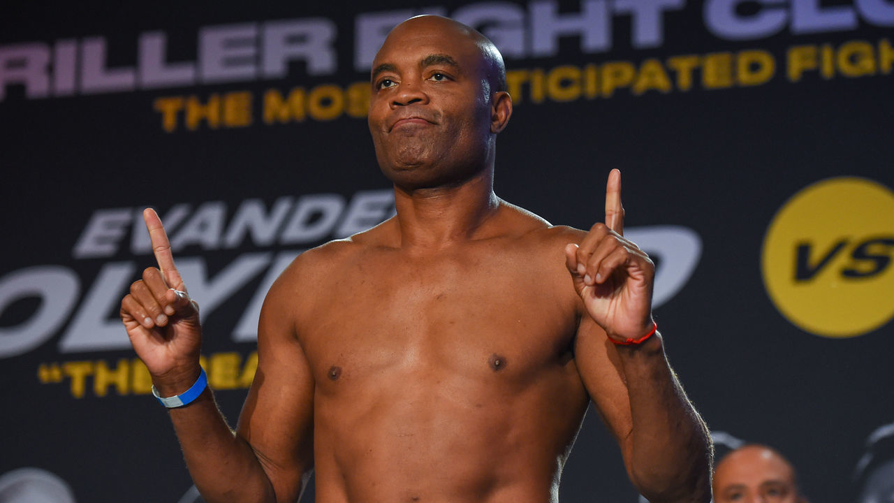 FORT LAUDERDALE, FL - SEPTEMBER 10: Anderson Silva poses during the weigh-in ahead of his fight against Tito Ortiz on September 11 at The Harbor Beach Marriott on September 10, 2021 in Fort Lauderdale, Florida.