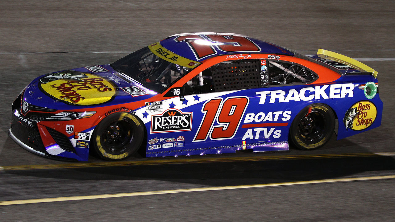 RICHMOND, VIRGINIA - SEPTEMBER 11: Martin Truex Jr., driver of the #19 Bass Pro Shops Red White Blue Toyota, drives during the NASCAR Cup Series Federated Auto Parts 400 Salute to First Responders at Richmond Raceway on September 11, 2021 in Richmond, Virginia.