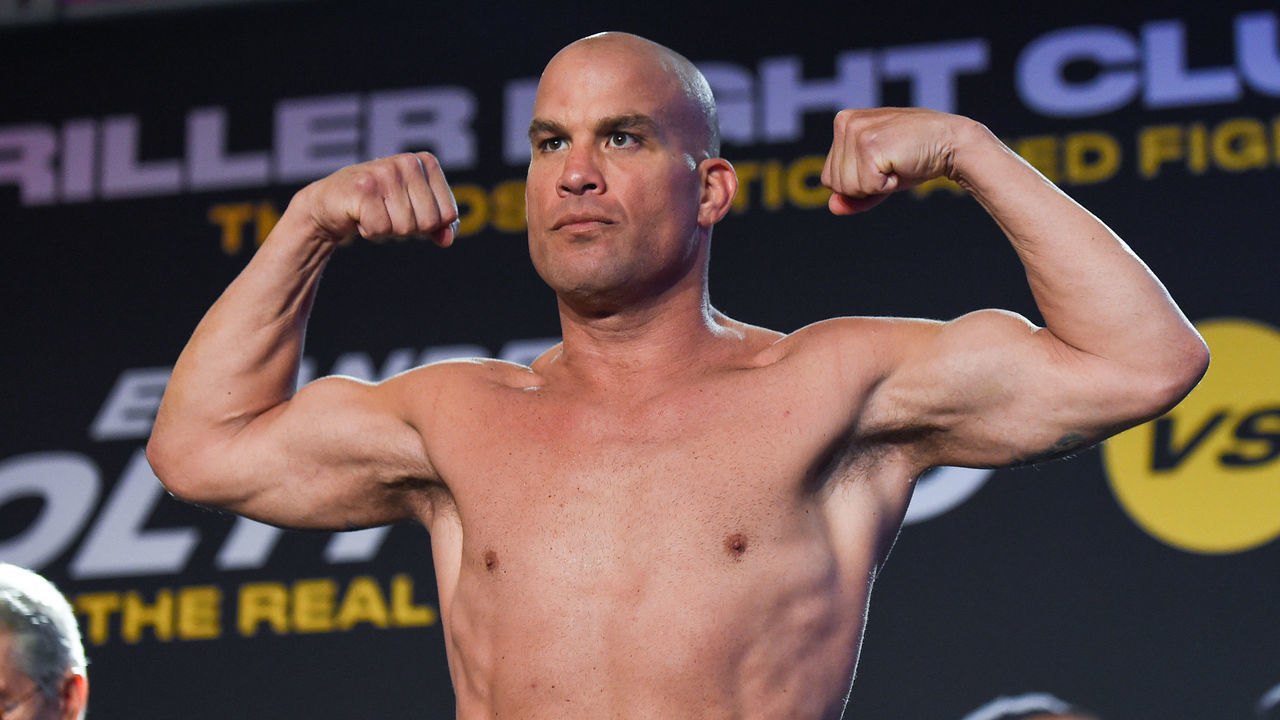 FORT LAUDERDALE, FL - SEPTEMBER 10: Tito Ortiz flexes during the weigh-in ahead of his fight against Anderson Silva on September 11 at The Harbor Beach Marriott on September 10, 2021 in Fort Lauderdale, Florida.