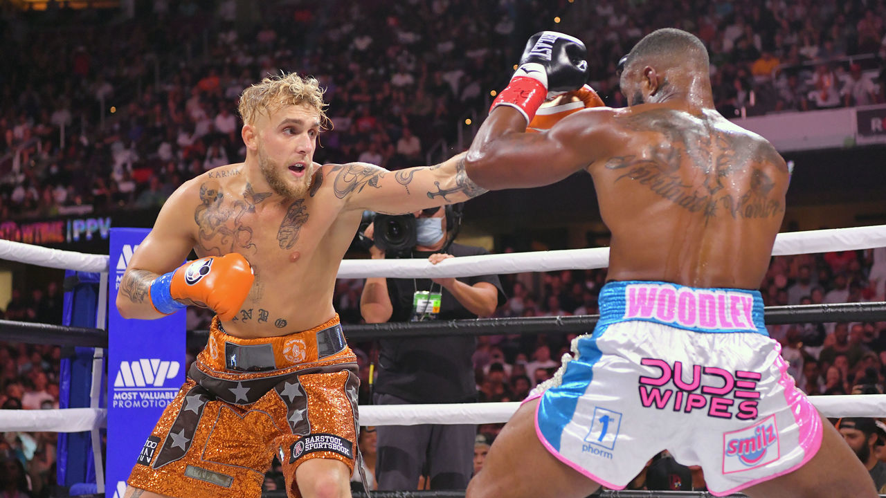 CLEVELAND, OHIO - AUGUST 29: Jake Paul fights Tyron Woodley in their cruiserweight bout during a Showtime pay-per-view event at Rocket Morgage Fieldhouse on August 29, 2021 in Cleveland, Ohio.