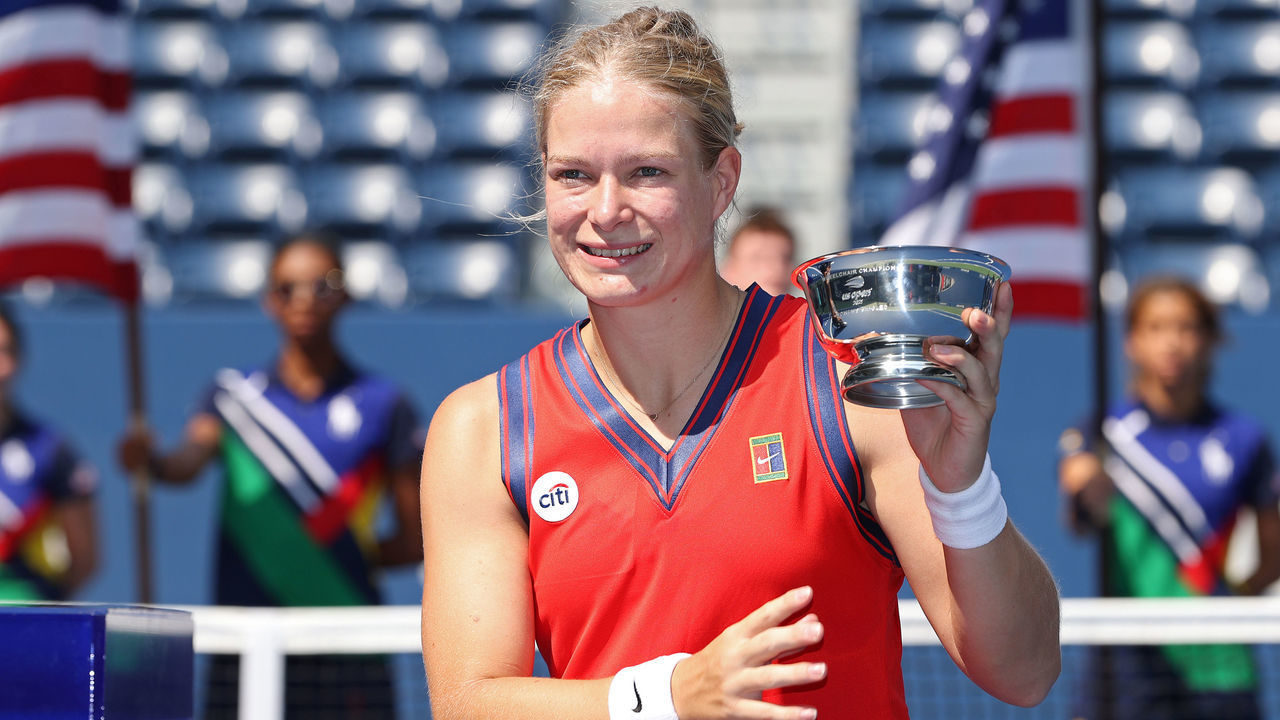 NEW YORK, NEW YORK - SEPTEMBER 12: Diede de Groot of the Netherlands celebrates with the championship trophy after defeating Yui Kamiji of Japan and completing the 'Golden Slam' during their Wheelchair Women's Singles final match on Day Fourteen of the 2021 US Open at the USTA Billie Jean King National Tennis Center on September 12, 2021 in the Flushing neighborhood of the Queens borough of New York City.