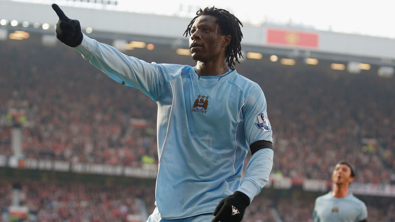MANCHESTER, ENGLAND - FEBRUARY 10: Benjani of Manchester City celebrates scoring their second goal during the Barclays FA Premier League match between Manchester United and Manchester City at Old Trafford on February 10 2008, in Manchester, England.