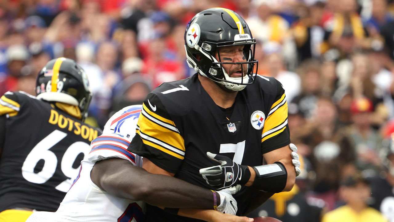 ORCHARD PARK, NEW YORK - SEPTEMBER 12: Mario Addison #97 of the Buffalo Bills forces a fumble by Ben Roethlisberger #7 of the Pittsburgh Steelers during the first quarter at Highmark Stadium on September 12, 2021 in Orchard Park, New York.