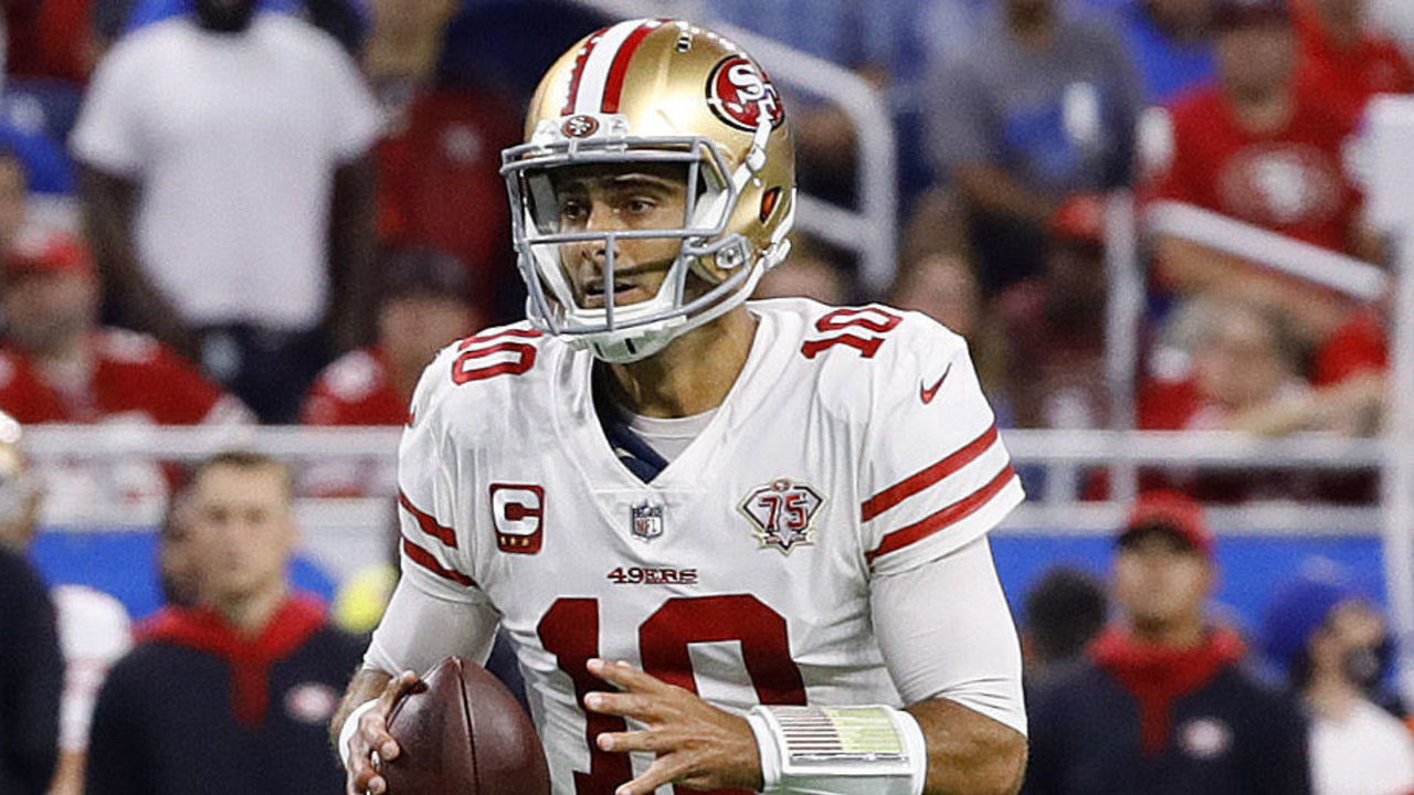 DETROIT, MICHIGAN - SEPTEMBER 12: Jimmy Garoppolo #10 of the San Francisco 49ers looks to pass during the second half of the game against the Detroit Lions at Ford Field on September 12, 2021 in Detroit, Michigan.