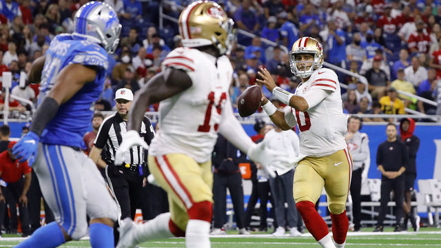DETROIT, MICHIGAN - SEPTEMBER 12: Jimmy Garoppolo #10 of the San Francisco 49ers looks to pass during the second quarter of game against the Detroit Lions at Ford Field on September 12, 2021 in Detroit, Michigan.