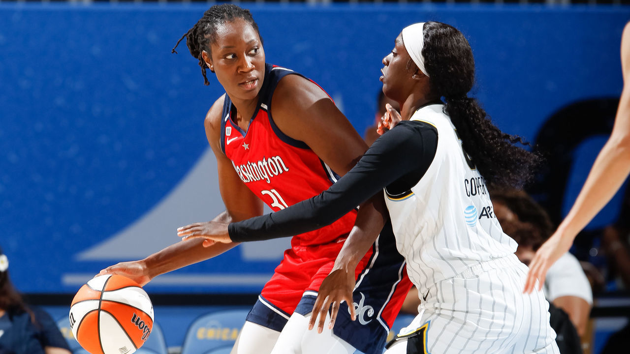 CHICAGO, IL - SEPTEMBER 12: Tina Charles #31 of the Washington Mystics handles the ball during the game against the Chicago Sky on September 12, 2021 at the Wintrust Arena in Chicago, Illinois. Mandatory Copyright Notice: Copyright 2021 NBAE