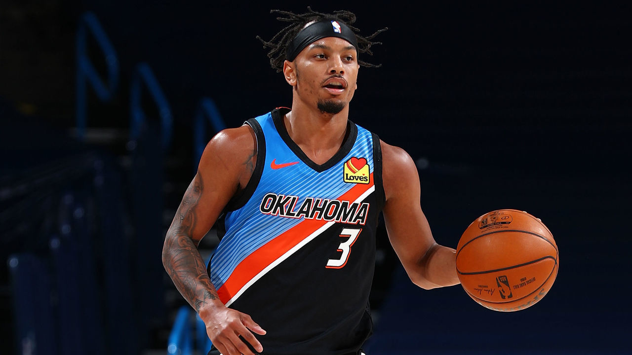 OKLAHOMA CITY, OK - APRIL 5 2021: Justin Robinson #3 of the Oklahoma City Thunder dribbles the ball during the game against the Detroit Pistons on April 5, 2021 at Chesapeake Energy Arena in Oklahoma City, Oklahoma. Mandatory Copyright Notice: Copyright 2021 NBAE