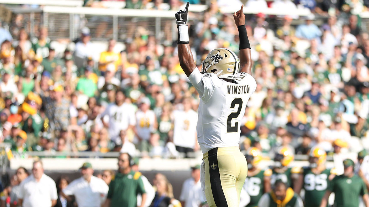 JACKSONVILLE, FLORIDA - SEPTEMBER 12: Jameis Winston #2 of the New Orleans Saints celebrates after throwing a touchdown pass during the second quarter against the Green Bay Packers at TIAA Bank Field on September 12, 2021 in Jacksonville, Florida.