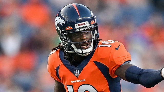 DENVER, COLORADO - AUGUST 28: Jerry Jeudy #10 of the Denver Broncos lines up against the Los Angeles Rams during an NFL preseason game at Empower Field at Mile High on August 28, 2021 in Denver, Colorado.