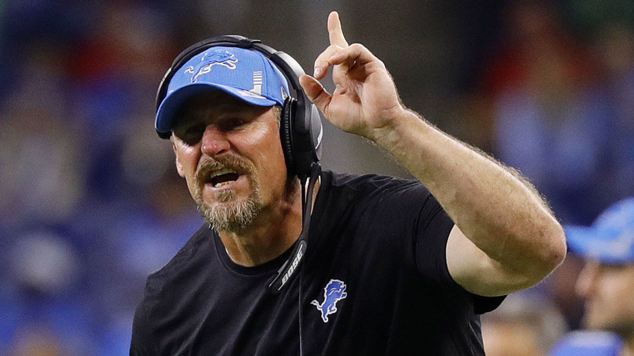 DETROIT, MICHIGAN - SEPTEMBER 12: Head coach Dan Campbell of the Detroit Lions reacts against the San Francisco 49ers at Ford Field on September 12, 2021 in Detroit, Michigan.