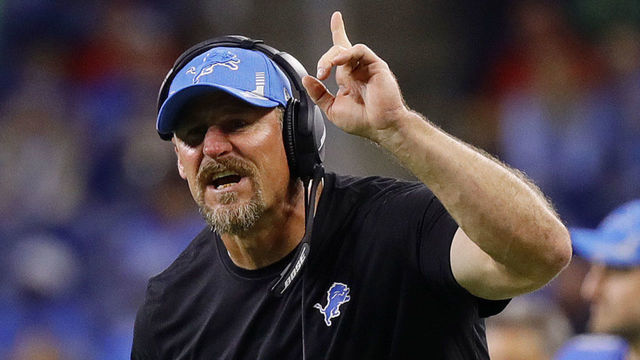 DETROIT, MICHIGAN - SEPTEMBER 12: Head coach Dan Campbell of the Detroit Lions reacts against the San Francisco 49ers at Ford Field on September 12, 2021 in Detroit, Michigan.