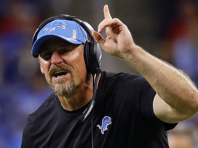 DETROIT, MICHIGAN - SEPTEMBER 12: Head coach Dan Campbell of the Detroit Lions reacts against the San Francisco 49ers at Ford Field on September 12, 2021 in Detroit, Michigan.
