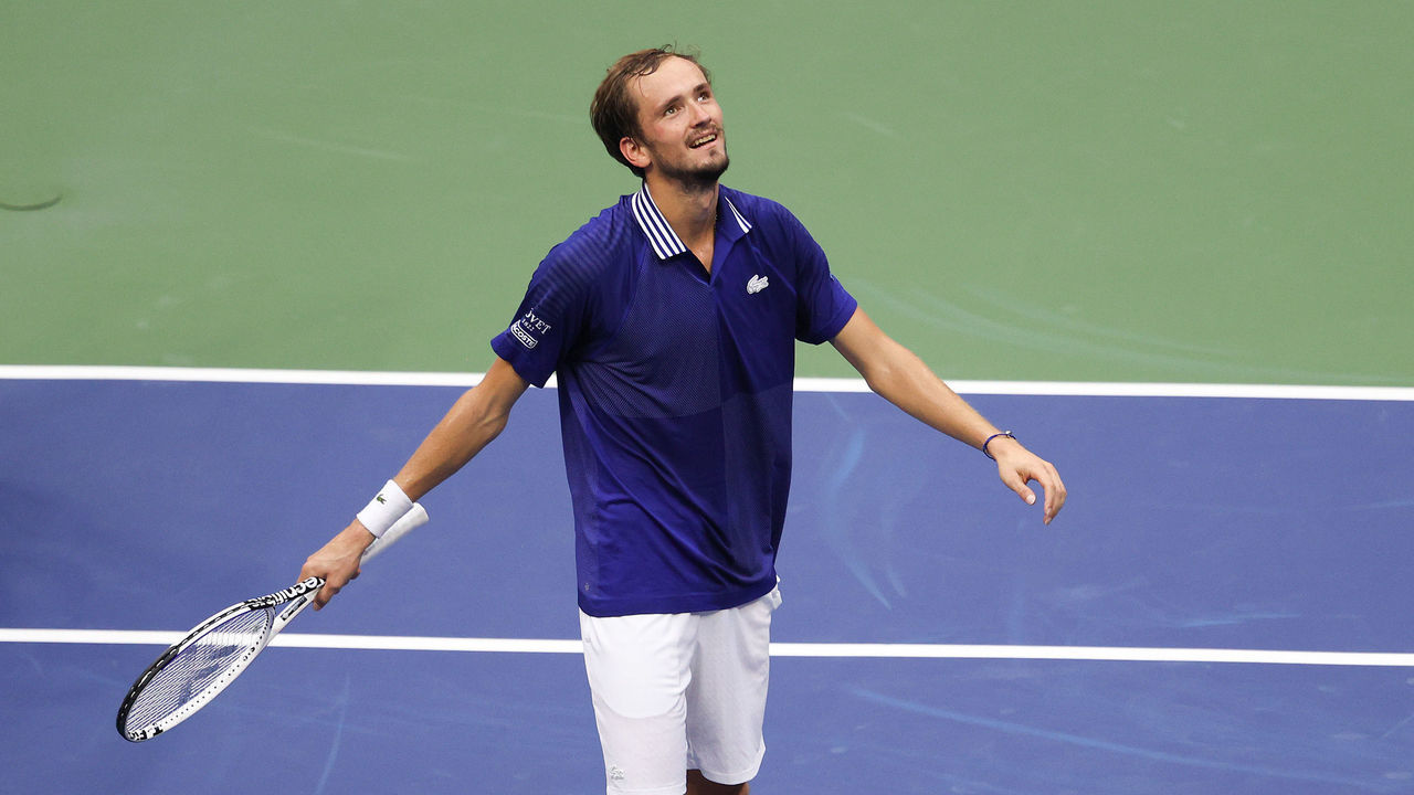 NEW YORK, NEW YORK - SEPTEMBER 12: Daniil Medvedev of Russia celebrates defeating Novak Djokovic of Serbia to win their Men's Singles final match on Day Fourteen of the 2021 US Open at the USTA Billie Jean King National Tennis Center on September 12, 2021 in the Flushing neighborhood of the Queens borough of New York City.