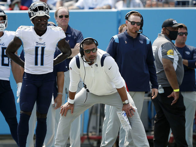 NASHVILLE, TENNESSEE - SEPTEMBER 12: Head coach Mike Vrabel of the Tennessee Titans looks on during the game against the Arizona Cardinals at Nissan Stadium on September 12, 2021 in Nashville, Tennessee.