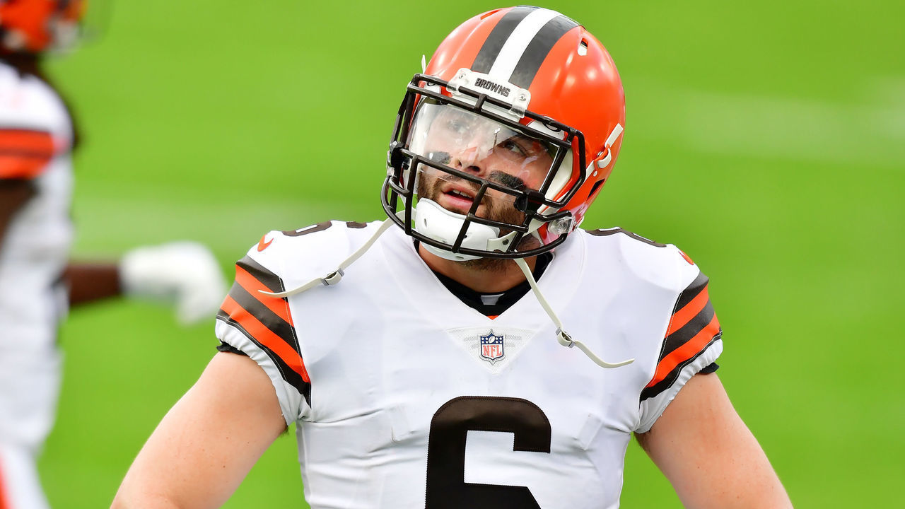 JACKSONVILLE, FLORIDA - NOVEMBER 29: Baker Mayfield #6 of the Cleveland Browns reacts in the second quarter against the Jacksonville Jaguars at TIAA Bank Field on November 29, 2020 in Jacksonville, Florida.