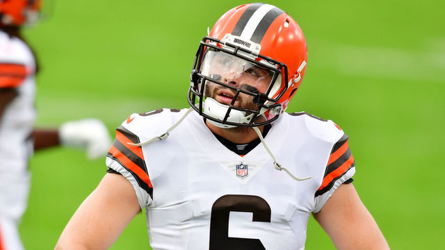 JACKSONVILLE, FLORIDA - NOVEMBER 29: Baker Mayfield #6 of the Cleveland Browns reacts in the second quarter against the Jacksonville Jaguars at TIAA Bank Field on November 29, 2020 in Jacksonville, Florida.