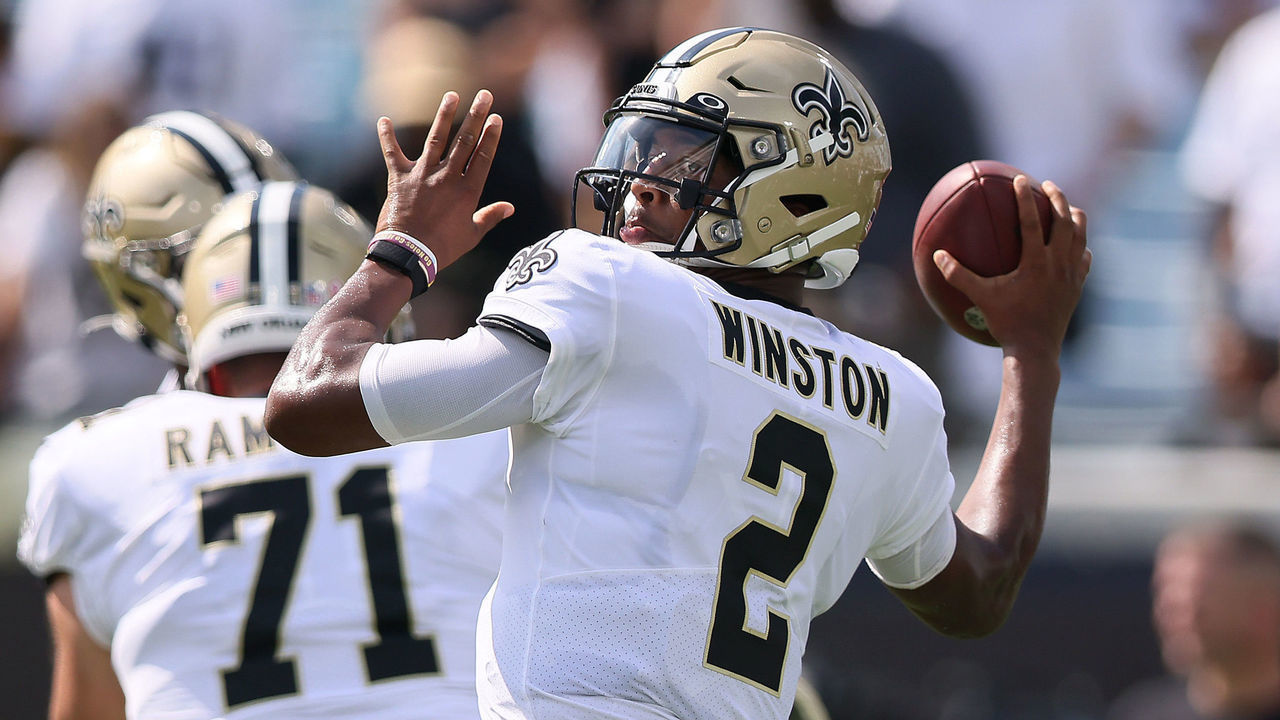 JACKSONVILLE, FLORIDA - SEPTEMBER 12: Jameis Winston #2 of the New Orleans Saints warms up prior to the game against the Green Bay Packers at TIAA Bank Field on September 12, 2021 in Jacksonville, Florida.