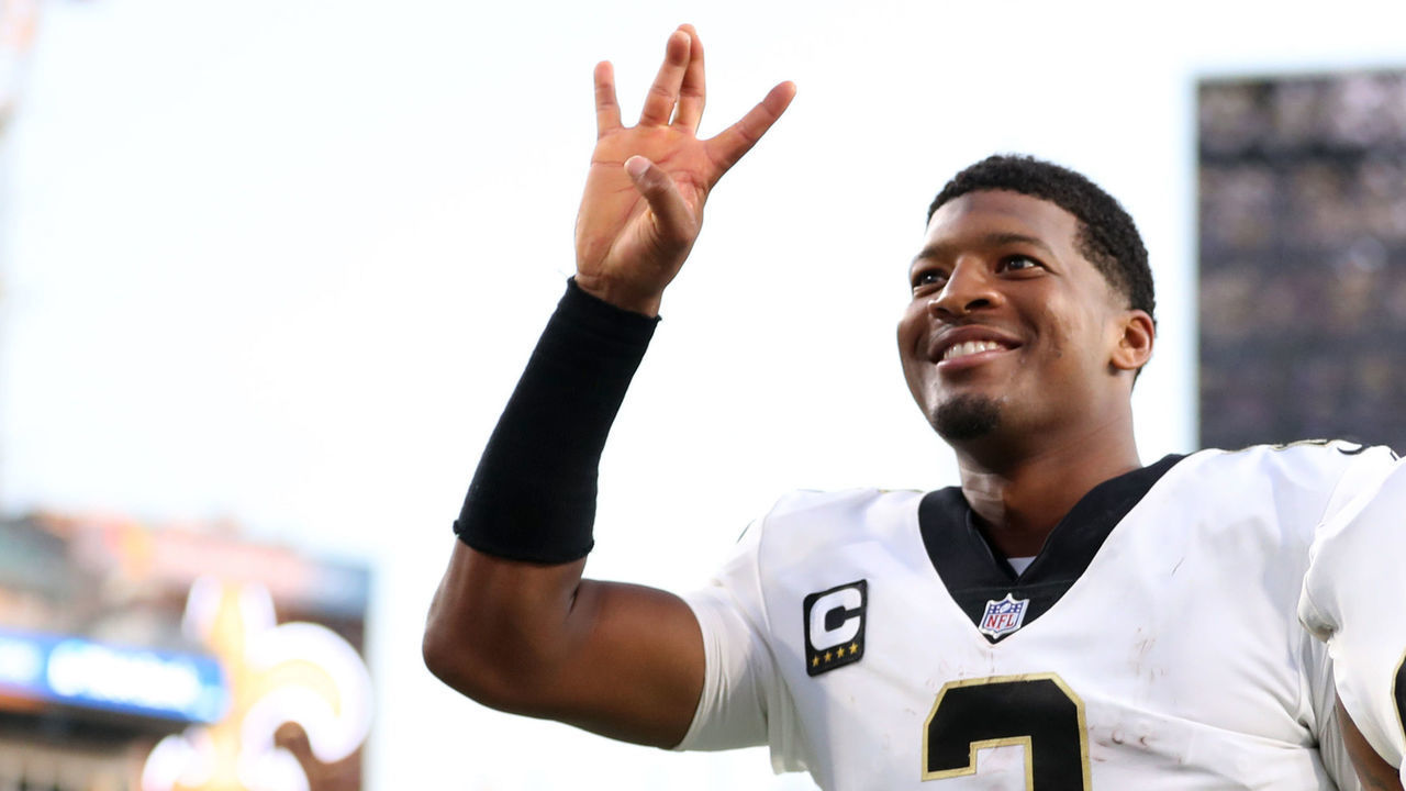 JACKSONVILLE, FLORIDA - SEPTEMBER 12: Jameis Winston #2 and P.J. Williams #26 of the New Orleans Saints celebrate after defeating the Green Bay Packers at TIAA Bank Field on September 12, 2021 in Jacksonville, Florida.