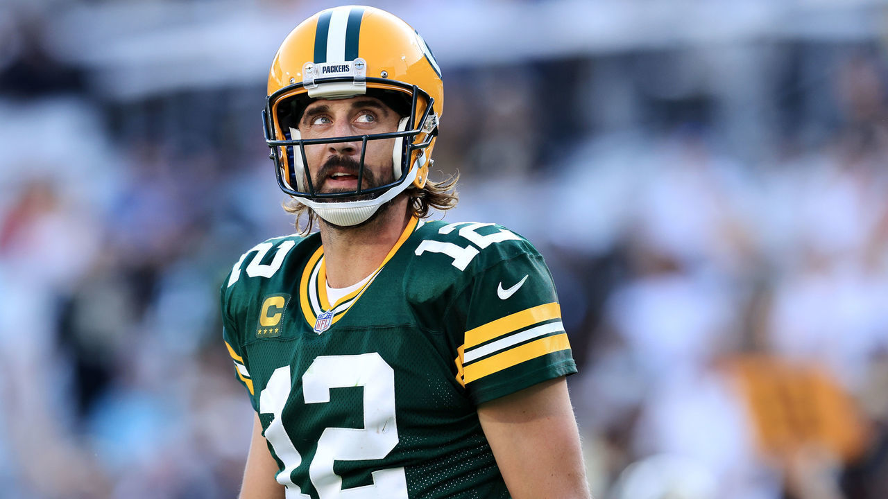 JACKSONVILLE, FLORIDA - SEPTEMBER 12: Aaron Rodgers #12 of the Green Bay Packers reacts against the New Orleans Saints during the second half at TIAA Bank Field on September 12, 2021 in Jacksonville, Florida.