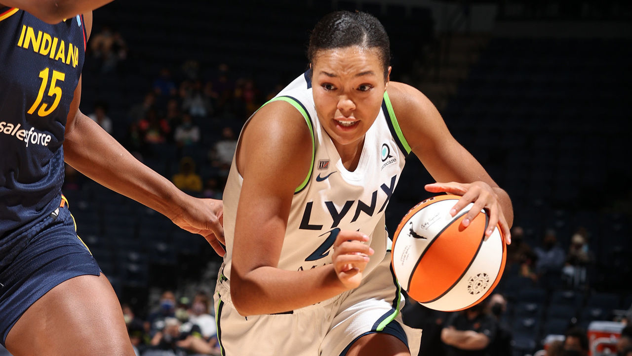MINNEAPOLIS, MN - SEPTEMBER 12: Napheesa Collier #24 of the Minnesota Lynx drives to the basket against the Indiana Fever on September 12, 2021 at Target Center in Minneapolis, Minnesota. Mandatory Copyright Notice: Copyright 2021 NBAE
