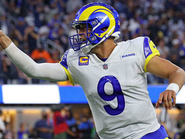 INGLEWOOD, CALIFORNIA - SEPTEMBER 12: Matthew Stafford #9 of the Los Angeles Rams celebrates a touchdown against the Chicago Bears during the second half at SoFi Stadium on September 12, 2021 in Inglewood, California.