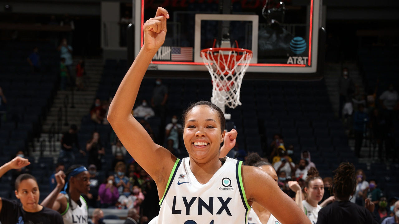 MINNEAPOLIS, MN - SEPTEMBER 12: Napheesa Collier #24 of the Minnesota Lynx celebrates after the game against the Indiana Fever on September 12, 2021 at Target Center in Minneapolis, Minnesota. Mandatory Copyright Notice: Copyright 2021 NBAE