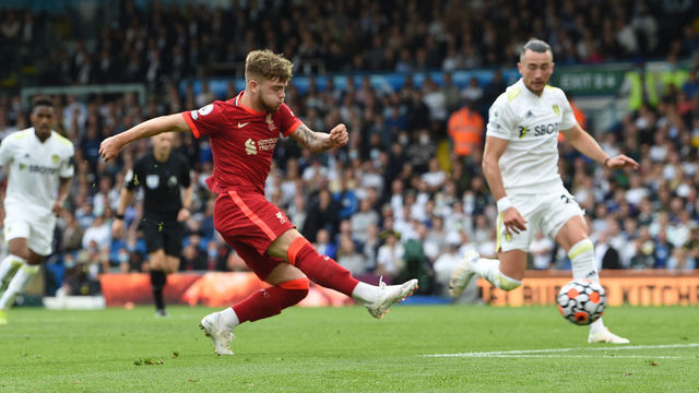 LEEDS, ENGLAND - SEPTEMBER 12:( THE SUN OUT,THE SUN ON SUNDAY OUT ) Harvey Elliott of Liverpool during the Premier League match between Leeds United and Liverpool at Elland Road on September 12, 2021 in Leeds, England.