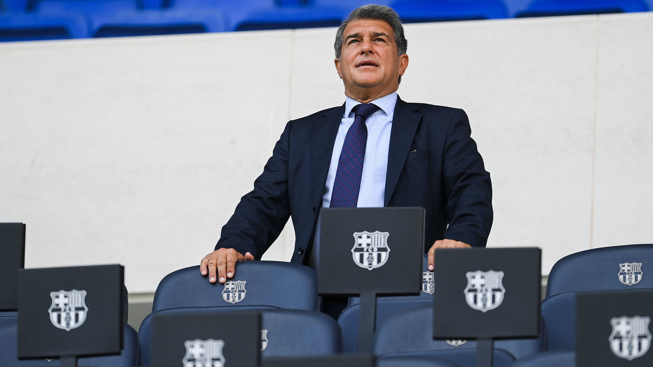 BARCELONA, SPAIN - SEPTEMBER 09: FC Barcelona president Joan laporta looks on as Luuk de Jong is presented as a Barcelona player at Camp Nou Stadium at Camp Nou on September 09, 2021 in Barcelona, Spain.