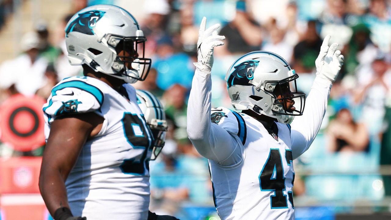 CHARLOTTE, NORTH CAROLINA - SEPTEMBER 12: Haason Reddick #43 of the Carolina Panthers reacts against the New York Jets during the second half at Bank of America Stadium on September 12, 2021 in Charlotte, North Carolina.