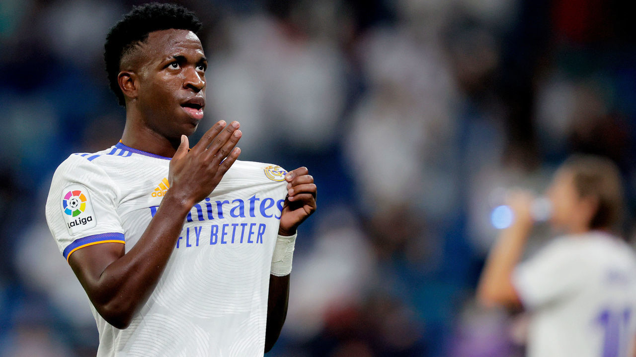 MADRID, SPAIN - SEPTEMBER 12: Vinicius Junior of Real Madrid celebrates 3-2 during the La Liga Santander match between Real Madrid v Celta de Vigo at the Estadio Santiago Bernabeu on September 12, 2021 in Madrid Spain